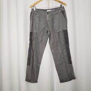 Hei Hei Anthropologie Grey Linen Crochet Lace Trim Utility Pants Size 27 Boho